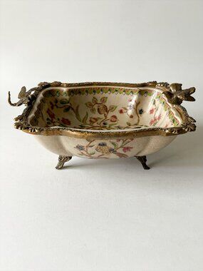 Vintage Chinoiserie Jardinière Centerpiece Bowl Bird Dragonfly Bronze Mounts